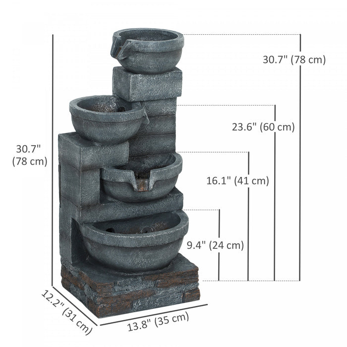 Outsunny Outdoor Water Fountain With Led, Cascading Bowls Waterfall, Grey