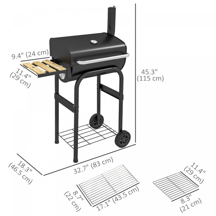 Outsunny Charcoal Barbecue Grill with Shelves, Portable BBQ Trolley Smoker with Wheels, Lid, Thermometer, Chimney for Outdoor Garden Party Cooking, Black