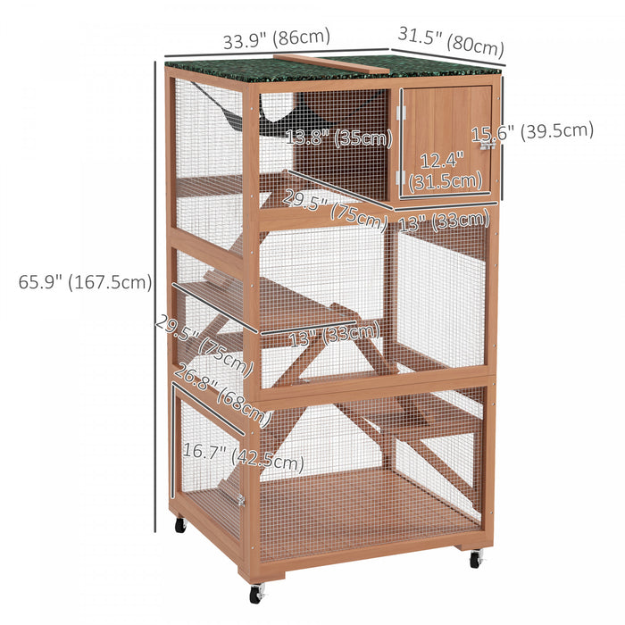 Pawhut 66\"h Catio On Brake Wheel, Indoor Outdoor Cat Enclosure Cage With Weatherproof Roof Hammock Multiple Platforms Resting Condo Ramps Lockable Doors, For 1-3 Cats, Orange