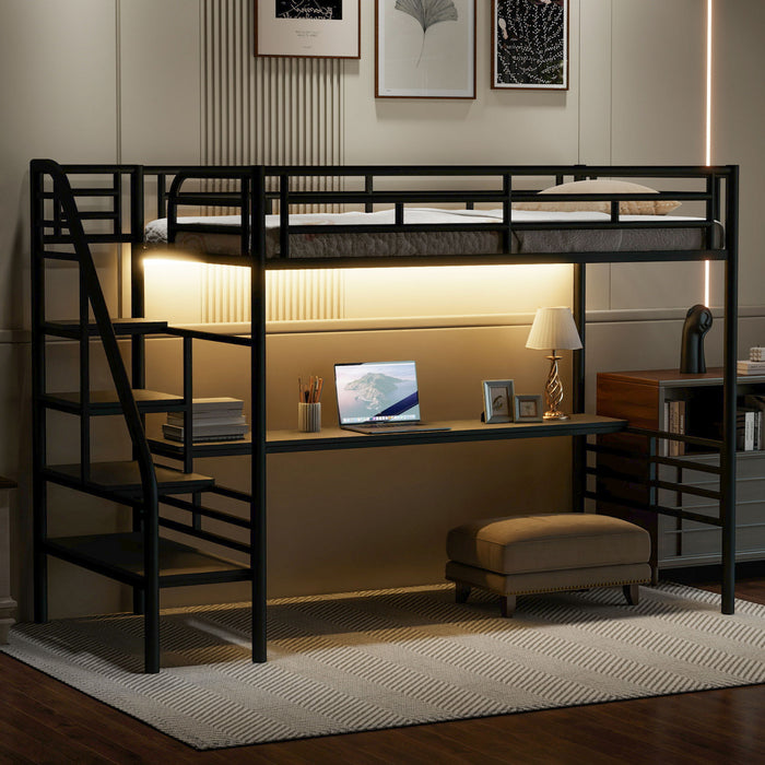 Cherry Twin Loft Space-saving Metal Bed With Desk, Led Light, Black