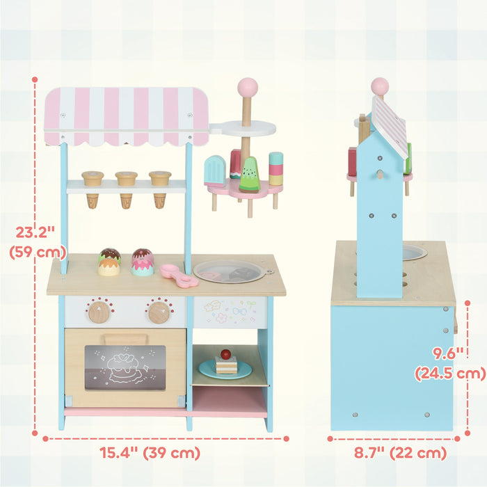 Qaba Wooden Ice Cream Toy Shop, Pretend Play Food Store with Toy Food and Oven for Kids, Pretend Play Dessert Shop Counter Stand for Boys and Girls Aged 3+