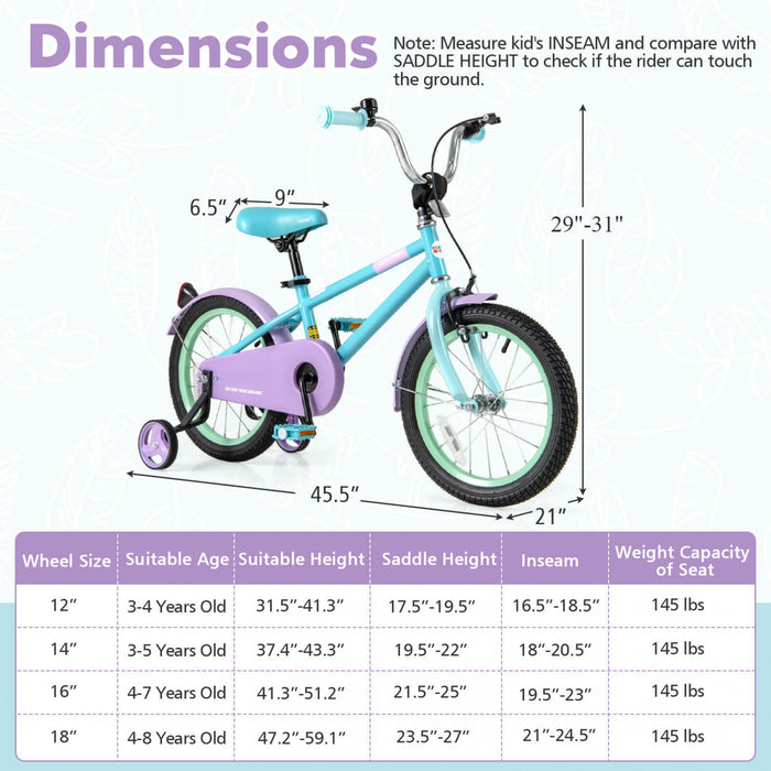 Costway 16\" Kids Bike With Adjustable Saddle Handlebar Removable Training Wheels Handbrake Blue