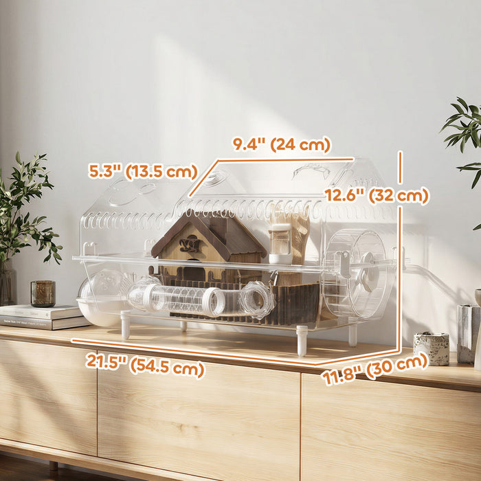 PawHut Large Hamster Cage, Gerbil Cage with Full Transparent Viewing Top Opening Hamster House including All Accessories, for Dwarf Critter, 21.5\" x 11.8\" x 12.6\"