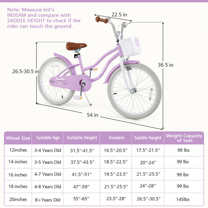 Prorider 20\" Kids Bike With Height Adjustable Handlebar & Seat Hand Brake & Coaster Brake Purple
