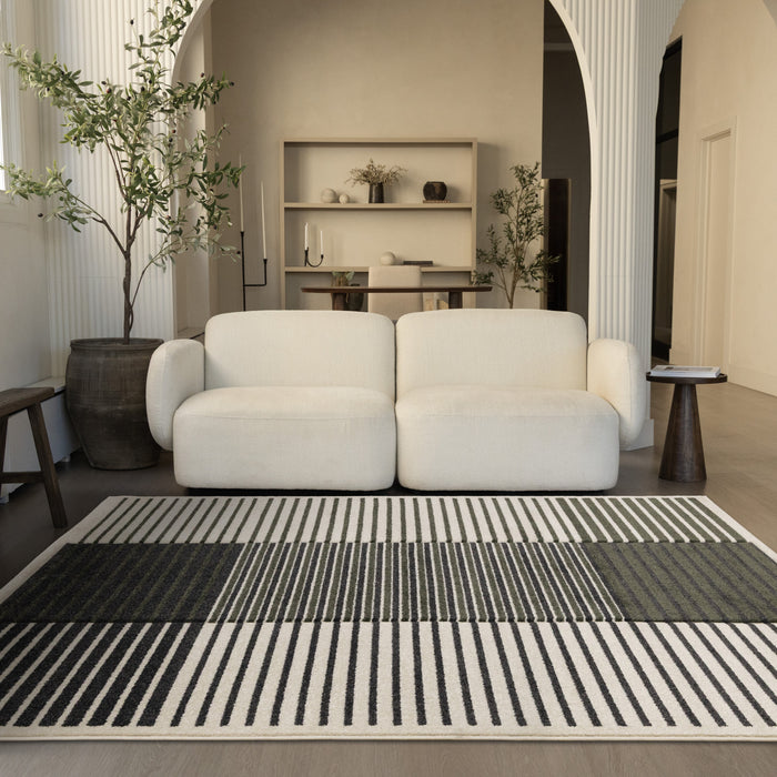 Maverick Green Black White Modern Striped Design Rug, 7'10\" x 10'6\" Indoor Area Rug
