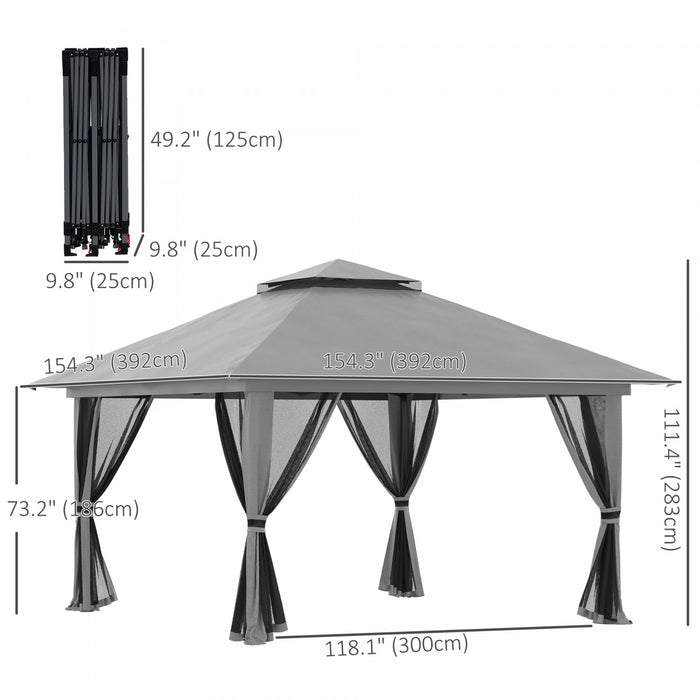 Outsunny 13' X 13' Pop Up Canopy With Mesh Sidewalls, Easy Up Canopy Tent Shelter With 2-tier Roof, Wheeled Carry Bag, Water/sand Bag For Garden, Backyard, Patio, Lawn, Dark Grey