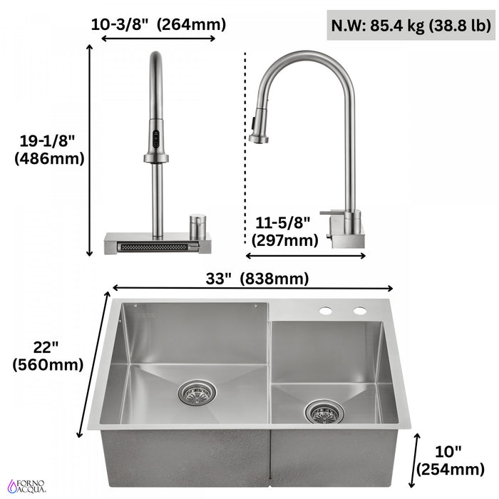 MultiSINK 33 in. D10in. Dual Mounted 60/40 Workstation Kitchen Sink, Waterfall Faucet,Stainless Steel - H-XN30 Laundry Combo