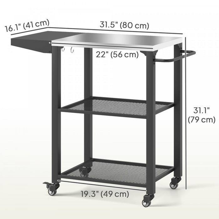 Outsunny 3-Shelf Outdoor Grill Cart with Foldable Side Table, 22\" x 16.1\" Pizza Oven Stand with Stainless Steel Tabletop, Hooks, Movable Food Prep Table on Wheels