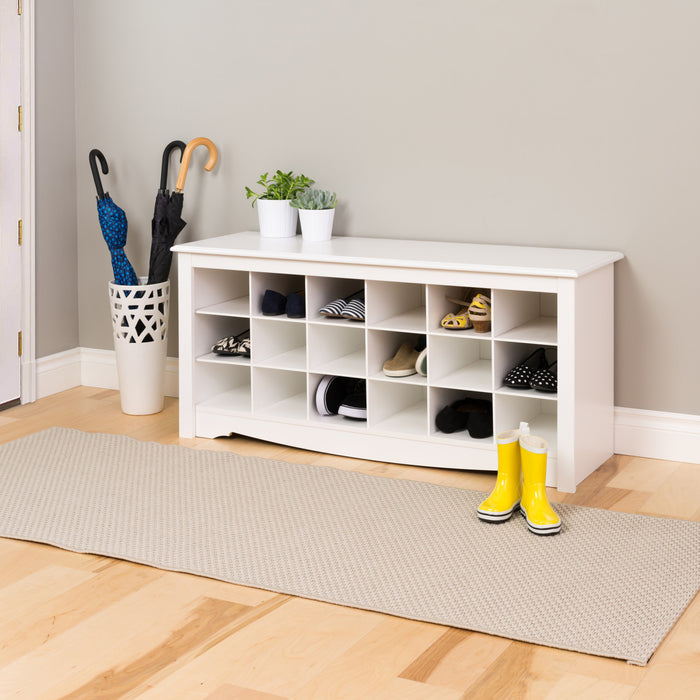 Eighteen Pair Shoe Storage Cubby Bench - White