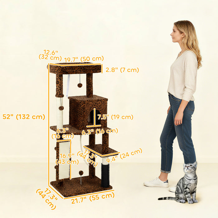 PawHut Cat Tree for Large Cat Adults, 52 Inch Cat Tower for Indoor Cats w/ Scratching Posts, Cat Bed, Condo, Jumping Platforms, Toy Balls, Anti-tip Kit, Leopard Print