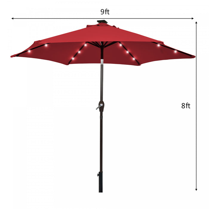 Costway 9' Solar LED Lighted Patio Market Umbrella Tilt Adjustment Crank Lift Burgundy