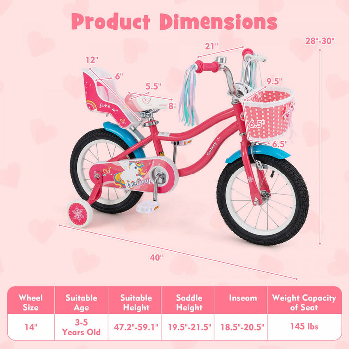 Costway 14 Inch Kids Bike With Basket Doll Seat & Colorful Streamers 2 Training Wheels Pink