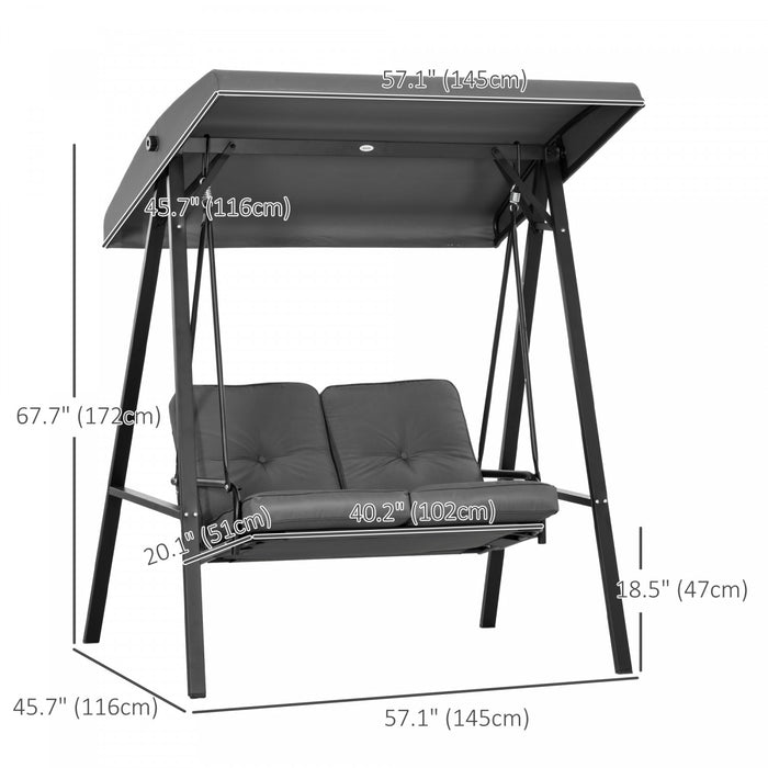 Outsunny 2 Seater Covered Outdoor Swing Chair Porch Swing Bench Lounger Hammock With Removable Cushion Tilt Canopy, Dark Grey