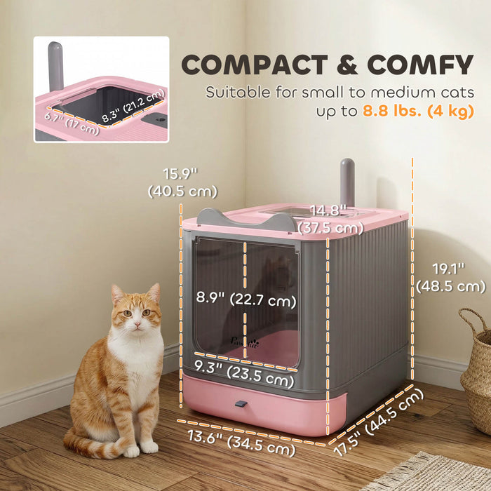 PawHut Cat Litter Box with Lid, Enclosed Kitty Litter Box with Front-Entry and Top-Exit, Scoop, Deodorizer Bag, Non-Sticky and Easy to Clean, for Medium Cats, Pink