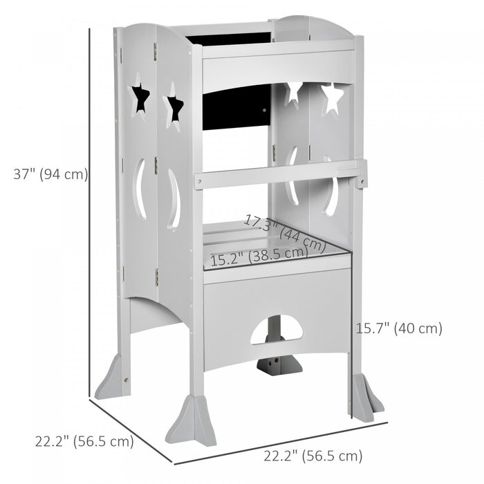 Qaba Kids Kitchen Helper Foldable Step Stool Toddler Kitchen Stool With Blackboard Lockable Handrail For 3-6 Years Old Grey