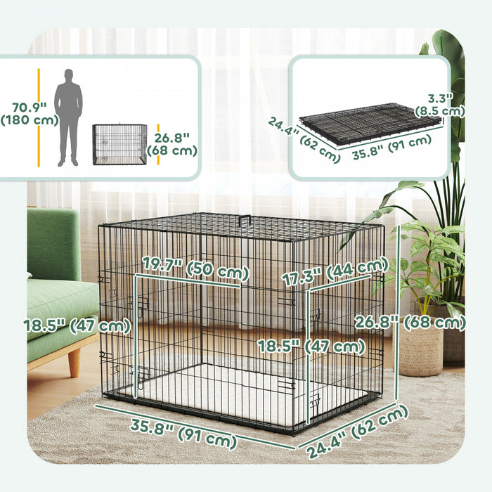 PawHut Dog Crate, 35\" Folding Metal Dog Kennel with 2 Doors, Removable Tray, Soft Cushion, Handle, Pet Cage for Large Medium Breeds, Black