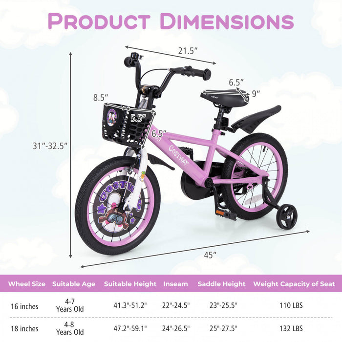 Costway 16\" Kid's Bike For 4-7 With Height-adjustable Handlebar & Saddle Handbrake Purple