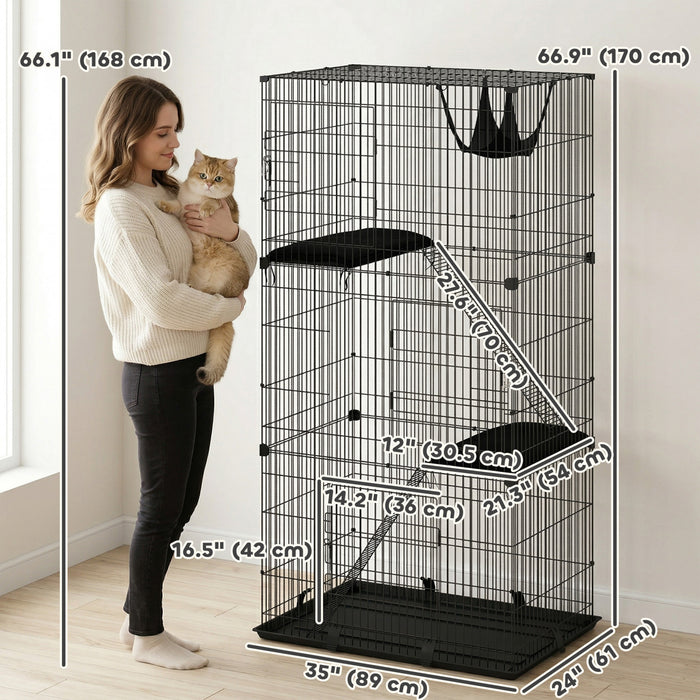 PawHut 3-Tier Cat Cage Indoor, Detachable Metal Wire Kennel with 3 Lockable Doors, Hammock, 2 Ladders, Platforms, Bottom Tray and Cushions for 1-2 Kittens, Black