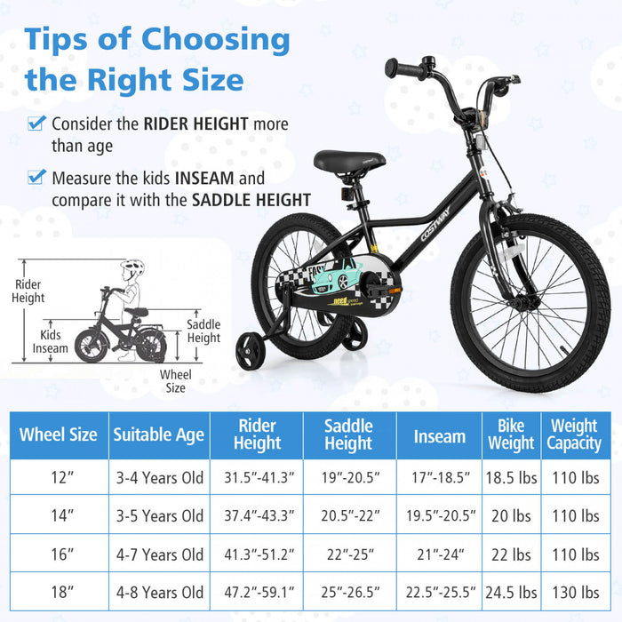 Costway 18\" Kids Training Bike With Removable Training Wheels Pneumatic Tires Black
