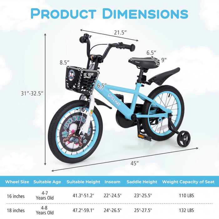 16\" Kid's Bike For 4-7 With Height-adjustable Handlebar & Saddle Handbrake Blue