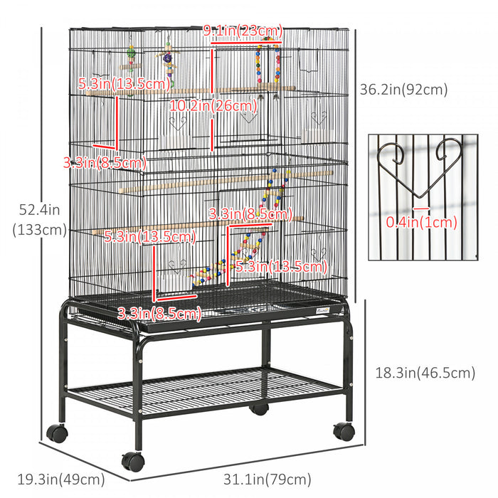 Pawhut Bird Cage With Rolling Stand, Toys, For Budgies Canaries Finches Lovebirds Parakeets, Parrot Cage With Accessories, Storage Shelf, Black