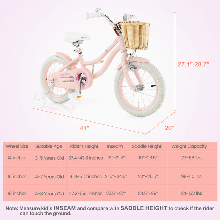 Prorider 14\" Kid's Bike With Training Wheels Adjustable Handlebar Seat Handbrake Pink