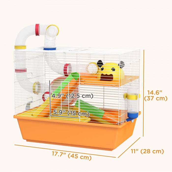 Pawhut Hamster Cage 3 Tiers Small Animal House For Dwarf Hamster Gerbil Cage With Complete Tunnels, Water Bottle, Exercise Wheel, Food Dish, Ramps, Hut, 18\" X 11\" X 15\" - Orange