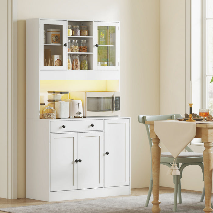 HOMCOM Kitchen Pantry Cabinet with LED Light, Storage Hutch, White