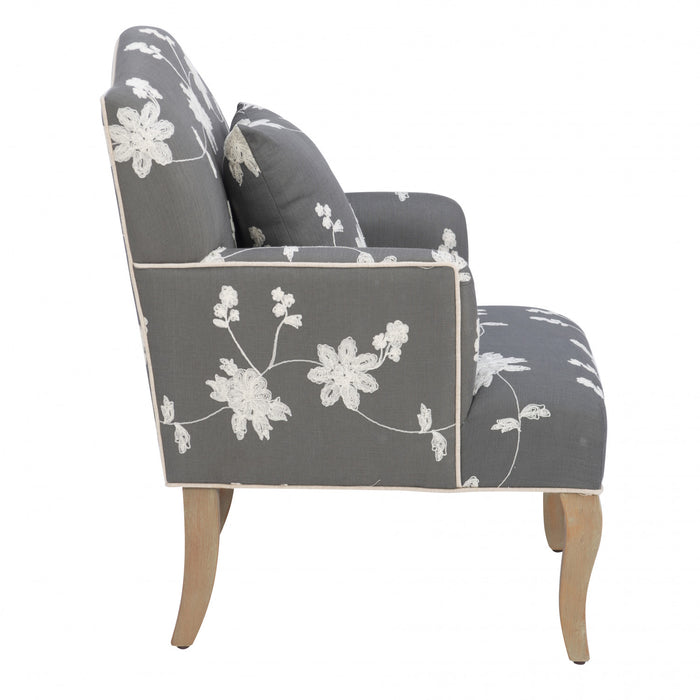 Kenna Embroidered Linen-Look Fabric Floral  Accent Chair - Grey