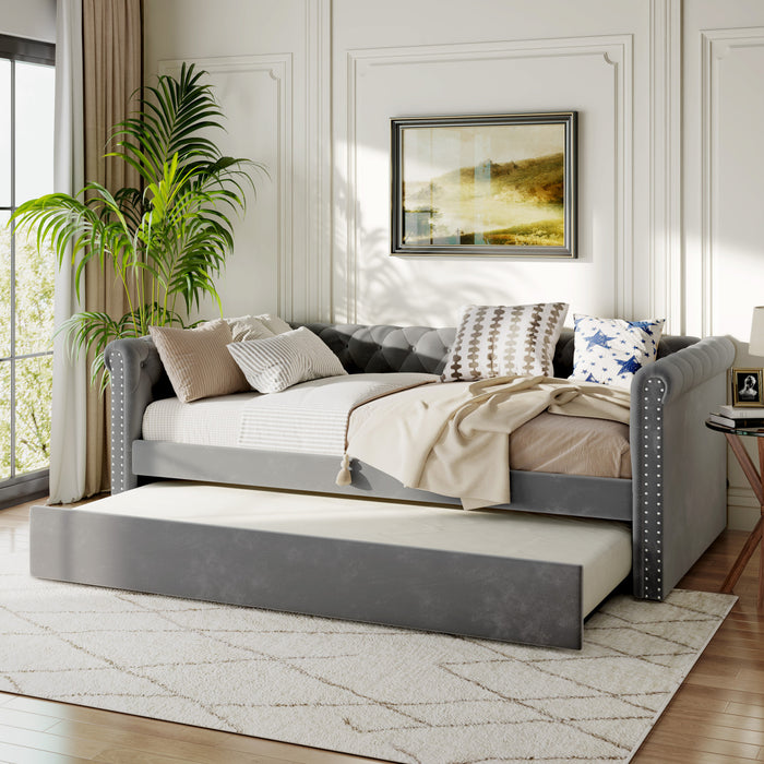 Sophia Tufted Design Upholstered Daybed with Trundle and Comfortable Backrest,Grey