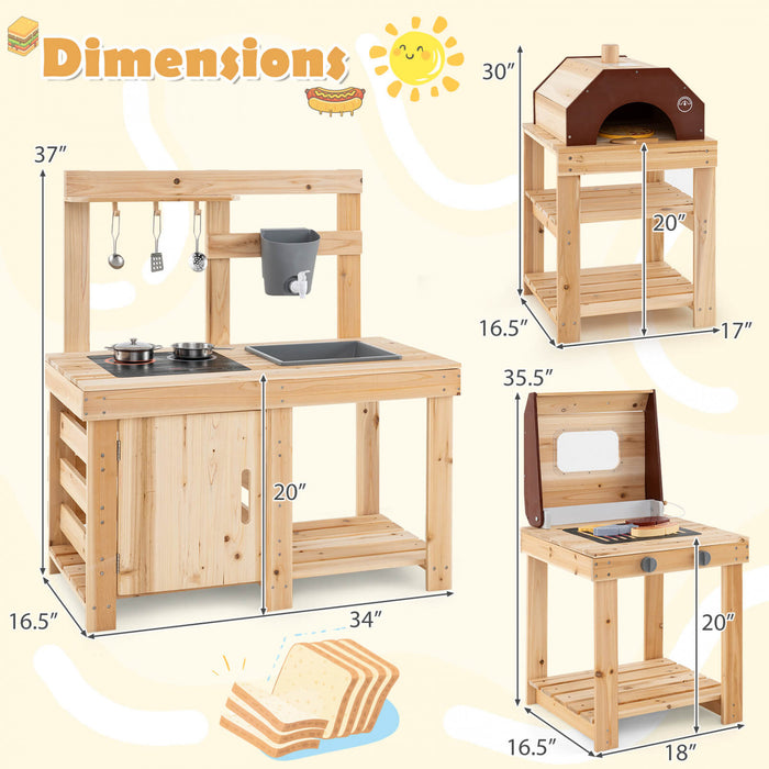 Costway 3-piece Outdoor Wooden Kitchen Playset Kids Mud Kitchen Bbq Grill & Pizza Oven