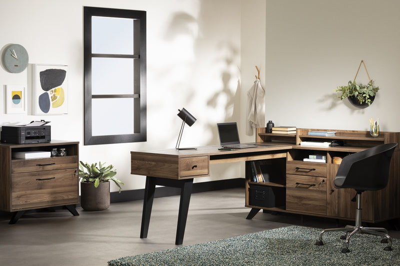Helsy L-Shaped Desk with Power Bar and Removable Hutch Natural Walnut - South Shore
