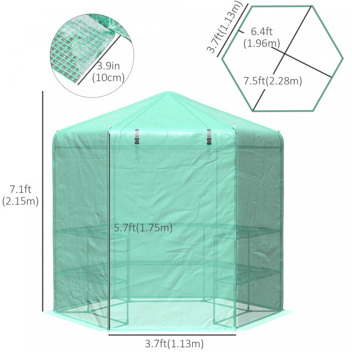 Outsunny 7.5' X 6.5' Walk-in Greenhouse With 3-tier Shelves, Hexagonal Portable Green House With Roll-up Door, Garden Hot House For Plants Herbs Vegetables, Green