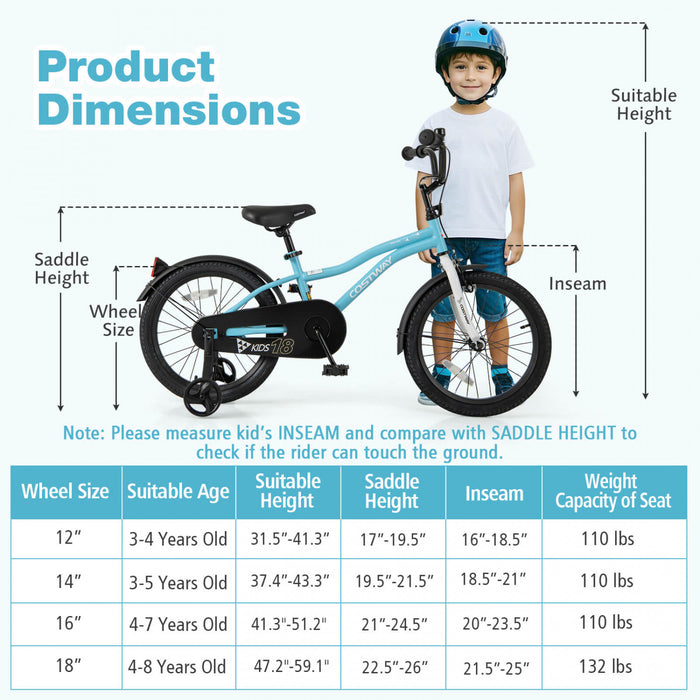 Costway 18\" Kids Bike For 4-8 Years Old Boys & Girls With Adjustable Seat Handbrake Reflectors Blue