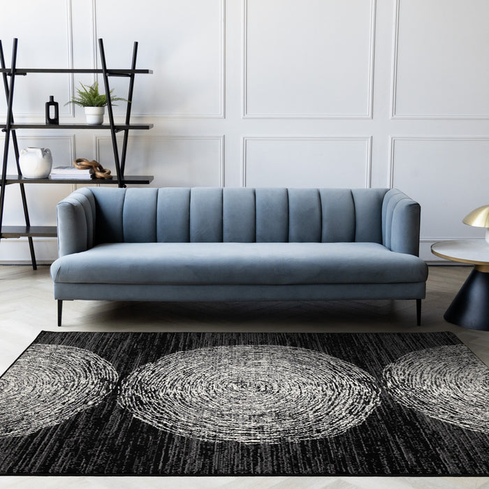 Florence Black Grey White Tree Ring Design Rug, 6'7\" x 9'6\" Indoor Area Rug