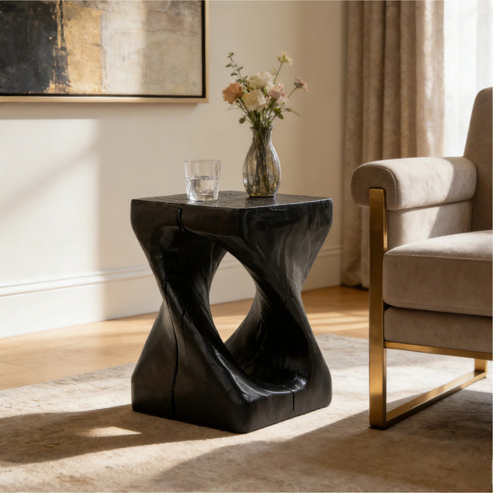 Miro 16\" Modern Twisted Hourglass MGO Accent Table, Faux Wood Grain Indoor Side Table, Black