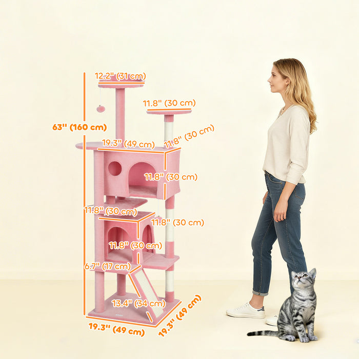 PawHut 63\" Cat Tree, Cat Tower for Indoor Cats with Scratching Posts, Cat Condos, Bed, Platforms, Ramp, Toy Ball, Cat Activity Center, Pink