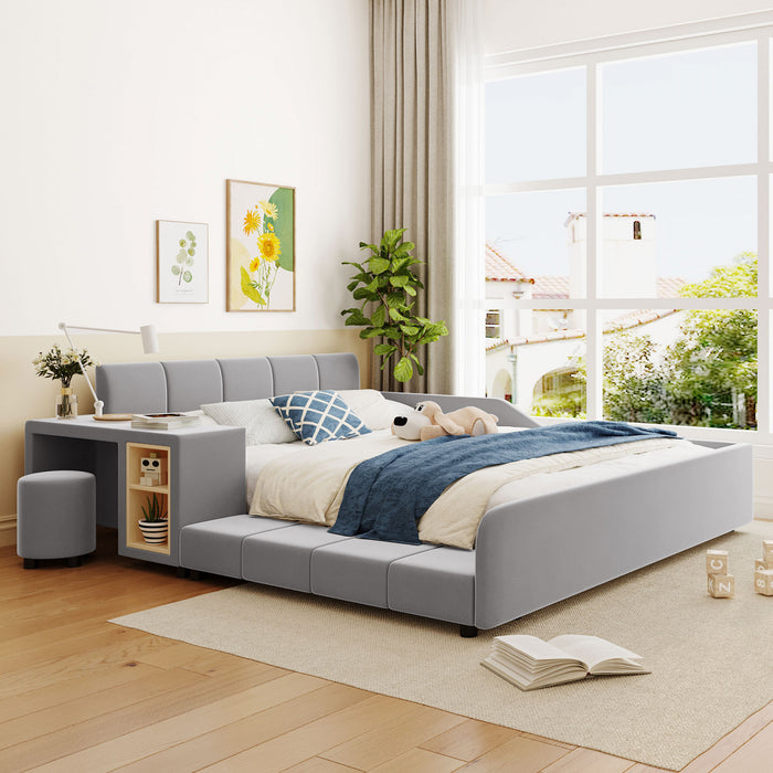 Lily Velvet Upholstered Grounded Bed with Desk and Stool,Queen Size,Grey Queen Bed