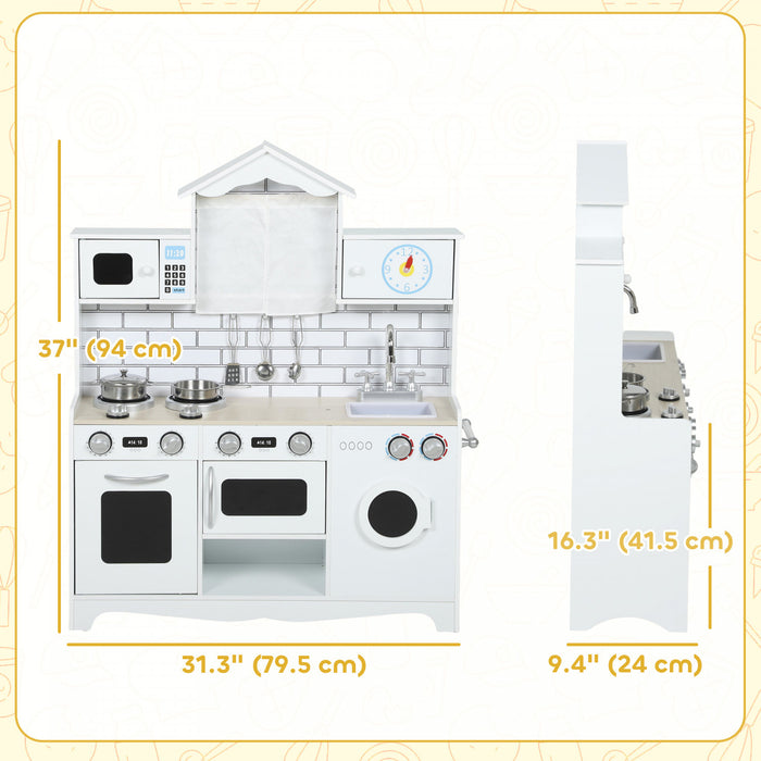 Qaba Play Kitchen for Kids, Pretend Kids Kitchen Playset with Switch Knob Sound, Built-in Clock, Washing Machine, Microwave and Towel Rack, for Toddlers Ages 3-6 Years Old, White