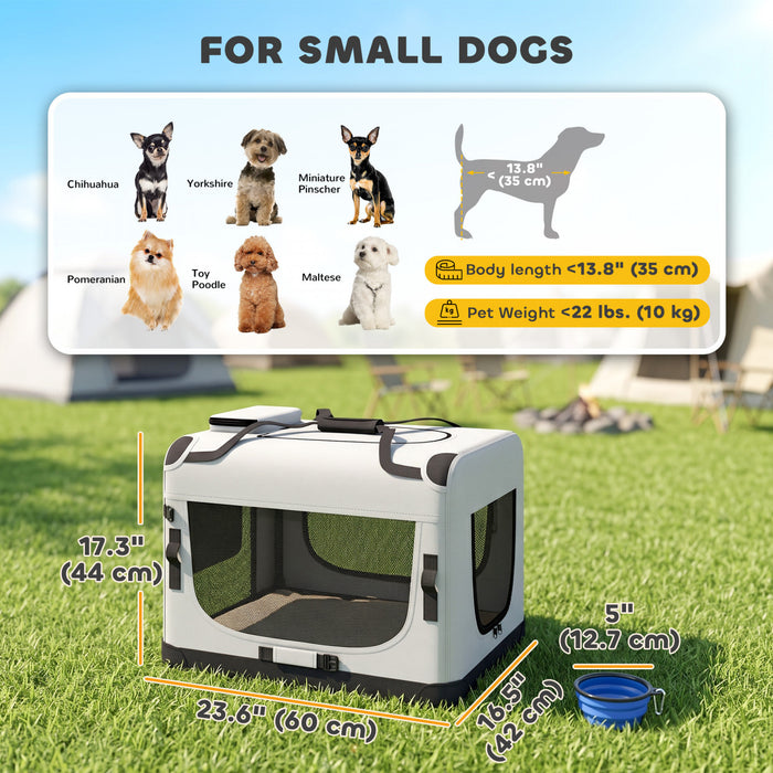PawHut Pet Carrier Bag, Soft-Sided Dog Carrier for Small Dogs, Portable Pet Travel Bag with Security Buckle Strap, Mesh Windows, Washable Cushion and Bowl, Light Grey