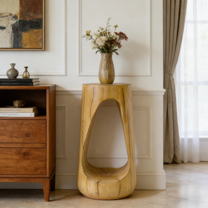 Brio 26.57\" Rustic Tree-Stump MGO Accent Table, Unique Wood Grain Indoor Side Table, Natural