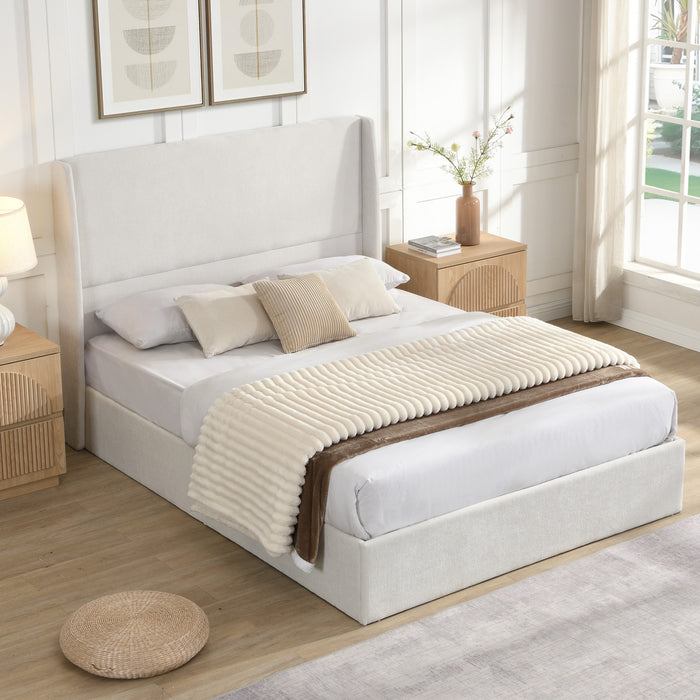 Liam Upholstered Platform Bed with Wingback Headboard,Queen Size,Beige Queen Bed