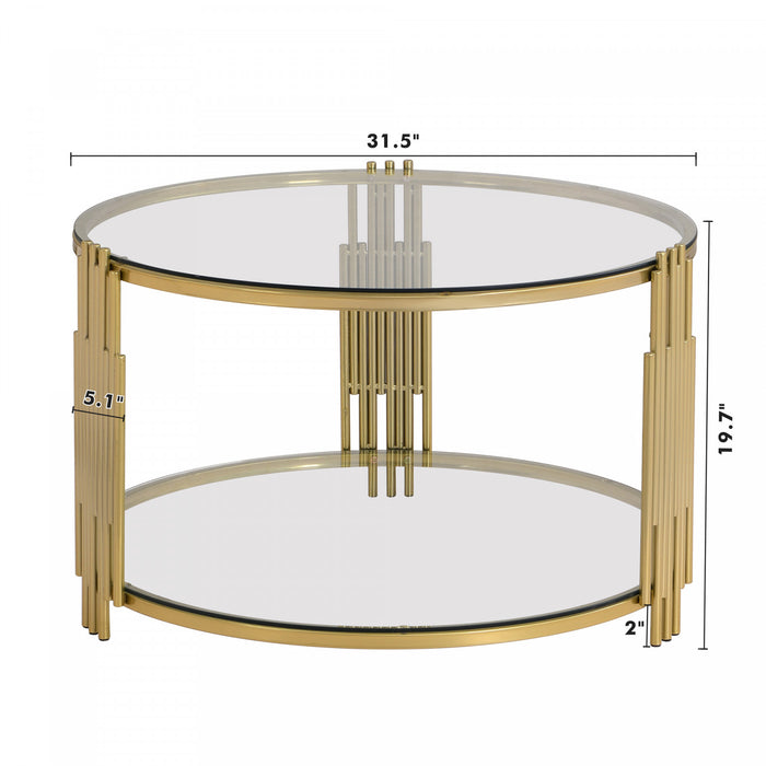 Jonas 31.5\" Round Tempered Glass Coffee Table With Lower Shelf, Transparent