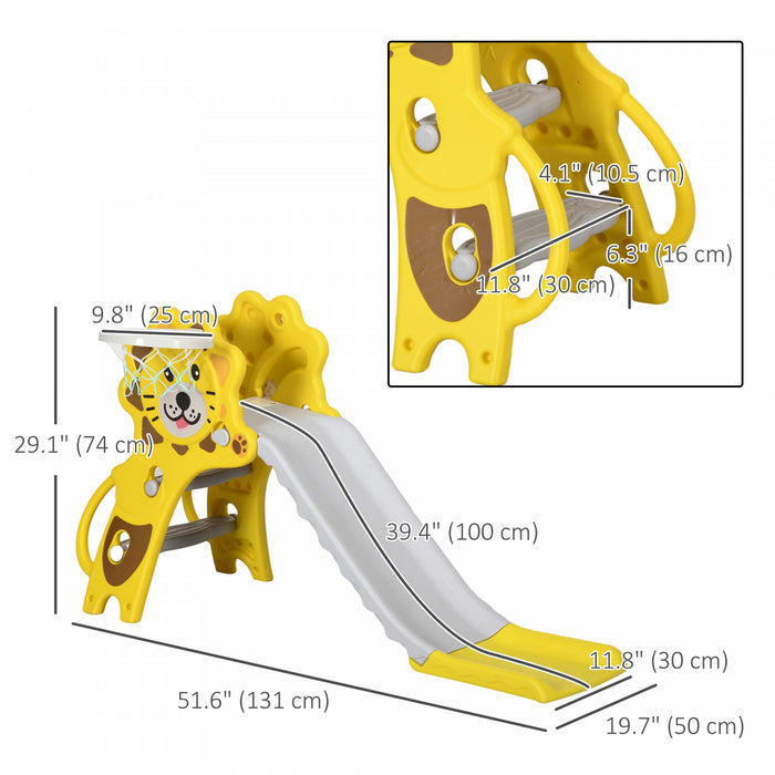 Qaba 2 In 1 Toddler Slide For Indoor, Easy Set Up Kids Slide Playset With Basketball Hoop For 18-36 Months, Lion-designed Indoor Slide, Yellow