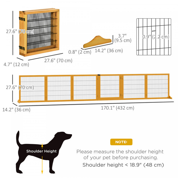 Pawhut Wooden Pet Gate, Dog Safety Barrier, Freestanding Foldable Fence, W/ 6 Panels, 2 Support Feet, For House Doorway Stairs, Small & Medium Dogs, Yellow