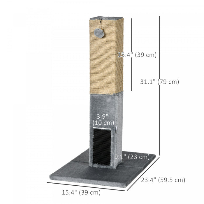 Pawhut Cat Scratching Post, 31\" Tall Cat Scratcher For Indoor Cats, Natural Sisal Cat Scratch Post With Hanging Balls, Grooming Brushes, Stable Base, Grey