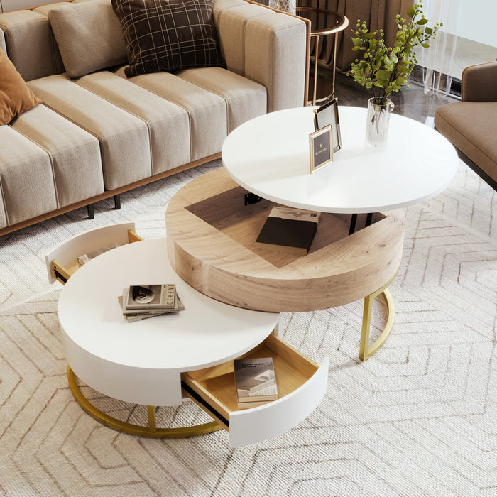 Sherry 31.5\" Round Engineered Wood Lift-top Nesting Coffee Table With Drawers, White