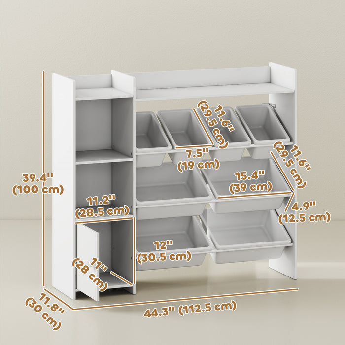 Qaba Kids Bookshelf and Toy Storage Organizer, Children Bookcase with 8 Removable Storage Bins, Shelves, Cabinet for Playroom, Nursery, Kids Room, White