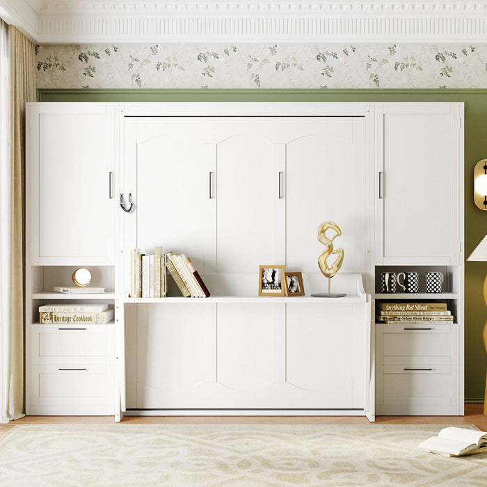 Maria Murphy Bed with Drawers and Shelves,Queen Size,White Queen Bed