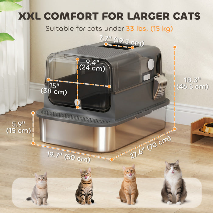 PawHut Stainless Steel Cat Litter Box with Lid, XXL Enclosed Cat Litter Box for Big Cats with High Sides, Double Doors, Scoop, Odor Control, Anti-Leaking, Easy Clean, Black